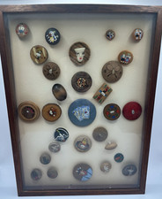 29 Wood Buttons Framed Antique & Vintage Pre-1960's hand-painted; carved picture