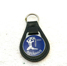 VTG J.R. Gaunt London Aquarius Blue Enamel Inlay Key Chain Black Leather Signed picture