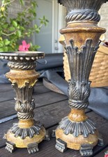 Pair of vintage decorative resin pillar candle holders with bronze finish picture