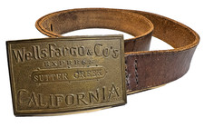 Antique Wells Fargo Express Sutter Creek CA Brass Buckle Leather Belt Gold Rush picture