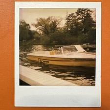 VINTAGE POLAROID PHOTO Ski Supreme, Yellow Motorboat In Dock Original Color picture
