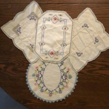 Vintage Hand Embroidered Table / Dresser Linens Crochet Edging Lot of 4 picture