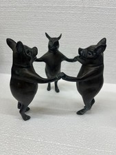 Vtg Brass Pigs Standing dancing Holding Hands Circle 6x6x6” picture