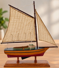 Vintage Wooden Sailboat Model Cloth Sails Wood Stand Nautical Decor ~ 22 in picture