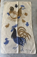 Vintage Tammis Keefe Linen Tea Towel Blue and Brown Roosters Hens Farmhouse MCM picture