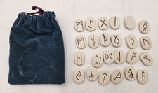 VTG 24 Pc White Ceramic RUNE STONE SET Ancient Norse Viking Pagan Symbols / Bag picture