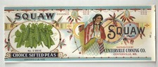 VINTAGE SQUAW BRAND PEAS { INDIAN GRAPHIC } UNUSED CAN LABEL LARGE 4 1/2