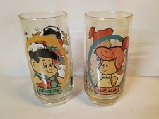 Set of 2 Vintage 1986 Pizza Hut The Flintstone Kids Drinking Glasses, VGC picture