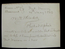 CIVIL WAR FORT WARREN BOSTON PRISONER WILLIAM H WINDER 1862 INSCRIBED CARD picture