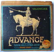 Vintage Original ADVANCE Orange Crate Label on Wooden Box Head Tustin Hills CA picture