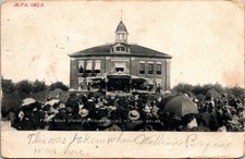 Alva Oklahoma Courthouse William Bryan Crowd Bandstand Gathering Postcard picture