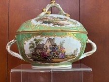 Antique Royal Vienna Covered Tureen Hand Painted country Scenes, Green, gilt picture