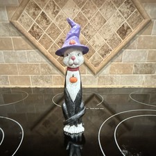 Halloween Cat Figurine Wood Hand Painted Purple Witch Hat & Pumpkin 8.5” picture