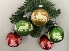 Vintage Lot of 5 Mercury Glass Christmas Ornaments With Stenciled Deer & Tree picture