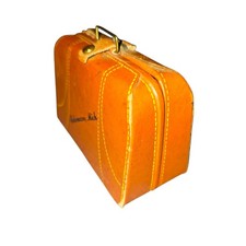 Vintage 1950s Mini Travel Bar Suitcase 4 Glass Liquor Decanters Orange MCM picture