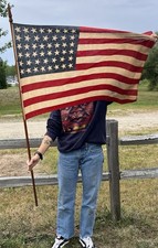 Authentic Antique 46 Star American Flag With Original Pole 1908-1912 picture