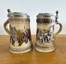 2 x Vintage West Germany Beer Steins 94% Pewter Lids Traditional Village 60s 70s picture