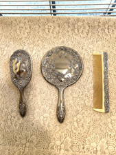 Vintage 3-Piece Dresser Silver Plated Vanity Set Including Mirror Brush & Comb picture