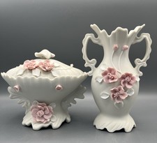Bisque Porcelain Pink Arnart Japan 2-Pc Floral Vanity Set Vintage Cottagecore picture