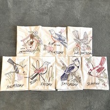 Vintage Embroidered Kitchen Tea Towels Song Birds 7 Days Of The Week Cardinal picture