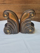 Vintage 1930s Art Deco Machine Age Scroll Bookends Pair Bronzed Cast Metal picture
