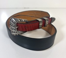 Santa Fe Black & Red Western Leather Belt W/ Sterling Silver Belt Buckle 1989 picture