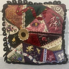 Vintage crazy quilt throw pillow, embroidered floral, handmade 10 X 10 picture