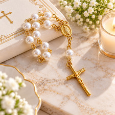 Rosary Imitation Pearl Beads Catholic Baptism Communion Wedding Party Favor picture