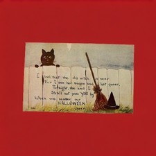 Antique/ Vintage FA Owen Co Halloween Black Cat Witch Broom  Postcard Unused picture