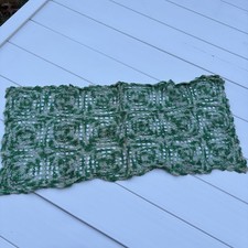 Vintage Handmade Crochet Green Tan Table Runner 33x16 Dresser Scarf Granny Chic picture