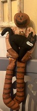 Primitive Halloween Pumpkin Doll Fabric Folk Art Black Cat Door Hang/Sitter 28
