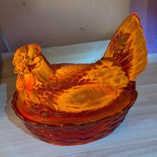 Vintage Jumbo XL Amberina Glass Hen On Nest Candy Dish Split Tail Glows Under UV picture