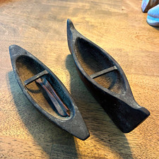 Vintage Hand Carved Wood Canoe Pair Miniature Bowls Trinket Catchall & Paddles picture
