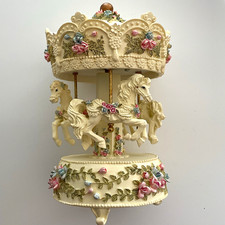 Limited 1999 Estate Vintage Design Carousel Winding Music Box with Floral Horses picture