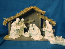 Carlton Cards The Silent Night Nativity Set - 7pc  6”  Porcelain W/ Wood Manger picture