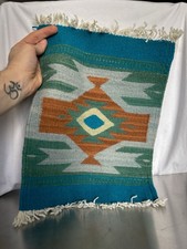 Southwestern Woven Wall Hanging Blue Turquoise Geometric Textile Fringe 16x10 picture