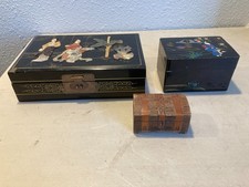 Lot of 3 Vintage Chinese & Japanese Jewelry Boxes Lacquer Jade Tramp Art picture