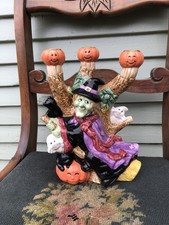 VTG 1995 Fitz And Floyd Omnibus Halloween Witch Pumpkins Candelabra Ceramic picture