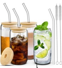 Set Of 4 Glass Cups With Lids And Straws 16OZ picture