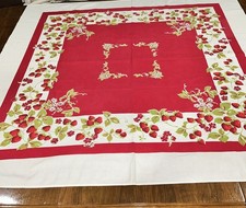 Vintage Red White & Green Strawberry Pattern Dining Room Tablecloth MCM Sweet picture