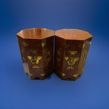 Pair Vintage Korean Octagonal Wood Hat Boxes Brass Fish Locks Chests 17” picture