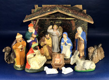 VINTAGE GERMANY JAPAN PAPER MACHE NATIVITY SET 14pc HOLY FAMILY KINGS  STABLE picture