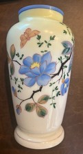 Vintage Hand Painted Floral Porcelain Milk Glass? Vase Gold Trim 9x3.5 Excellent picture