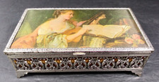 Vtg Victorian Scene Filigree Silver Tone Fabric Top Velvet Lined Trinket Box picture