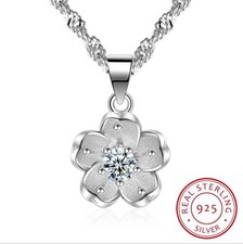 Trendy 925 Sterling Silver Shiny Crystal Cherry Blossom Pendant Necklace Women picture