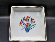 Vtg Japanese Porcelain Square Trinket Dish Higashi-Gama 東窯 M382 Floral Gold Rim picture
