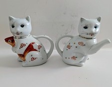 Two Vintage Lucky Cat Chinese Ceramic Teapot Handpainted One With Fish Marked. picture