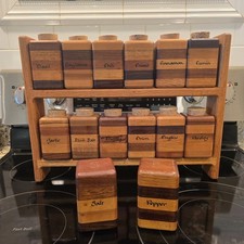 Vintage Mid-Century Handmade Wood Spice Rack and 14 Matching Spice Jars picture