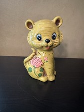 Vintage 1960s Wood Composition Kitty Cat Bank Yellow Kitsch MCM picture