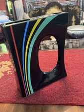 Vintage Toyo Ikebana Vase High Gloss Black Modernist Rectangular Cut Out MCM picture